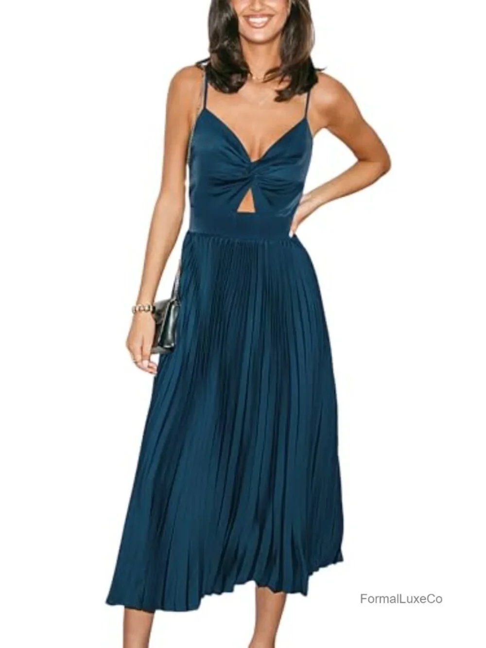 Pleated Cutout Midi Dress Sweetheart Neck Spaghetti Strap Party Formal